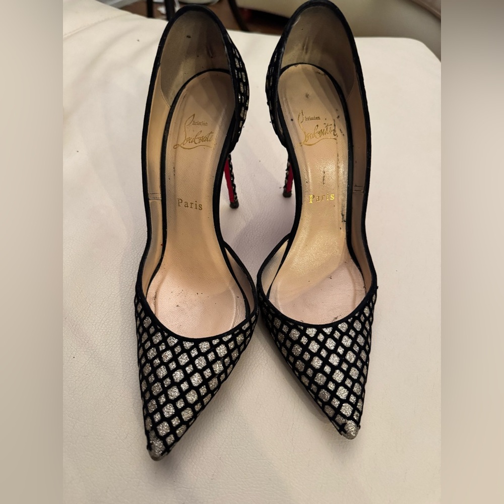 Christian Louboutin Black and Silver Mesh Heels - Iriza 100 Floque/Suede